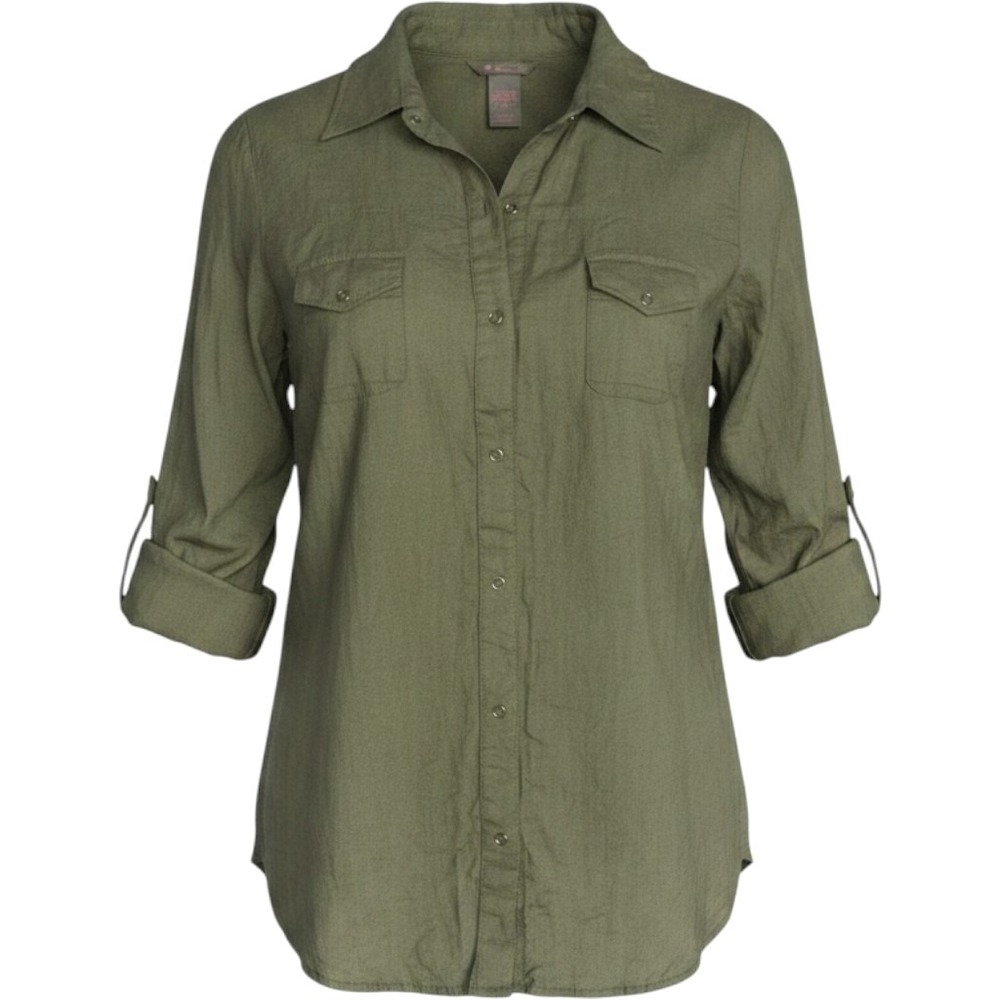 Back Zip Olive Green Roll Tab Sleeve Fire Los Angeles Button Up Blouse Womens XL
